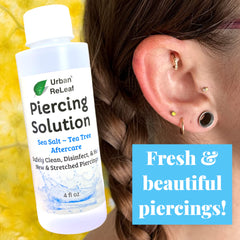 Urban ReLeaf sea salt soak on piercing area for soothing aftercare.