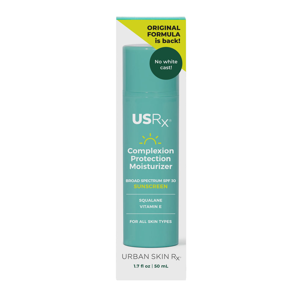 Urban Skin Rx Complexion Protection Moisturizer packaging box highlights vegan, fragrance-free formula.