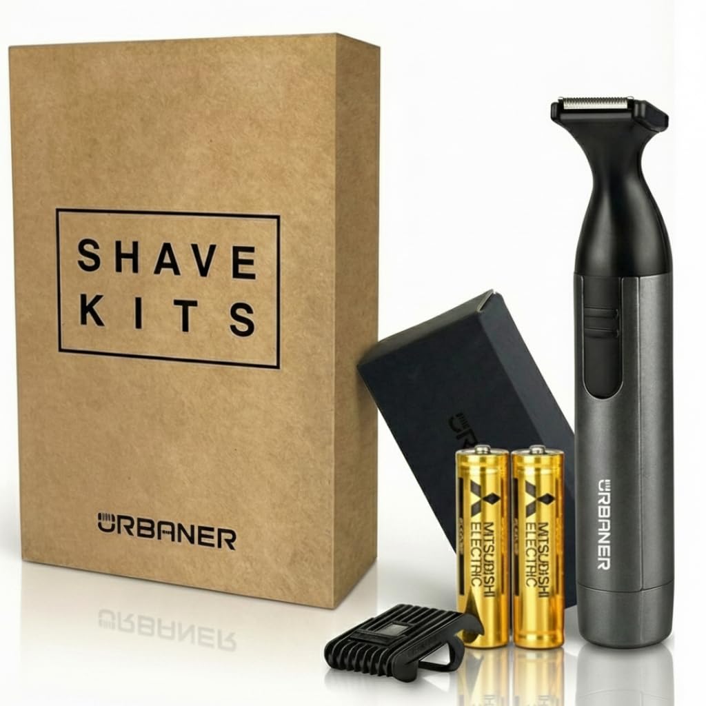 Urbaner Mustache Trimmer packaging highlights portability for travel grooming.