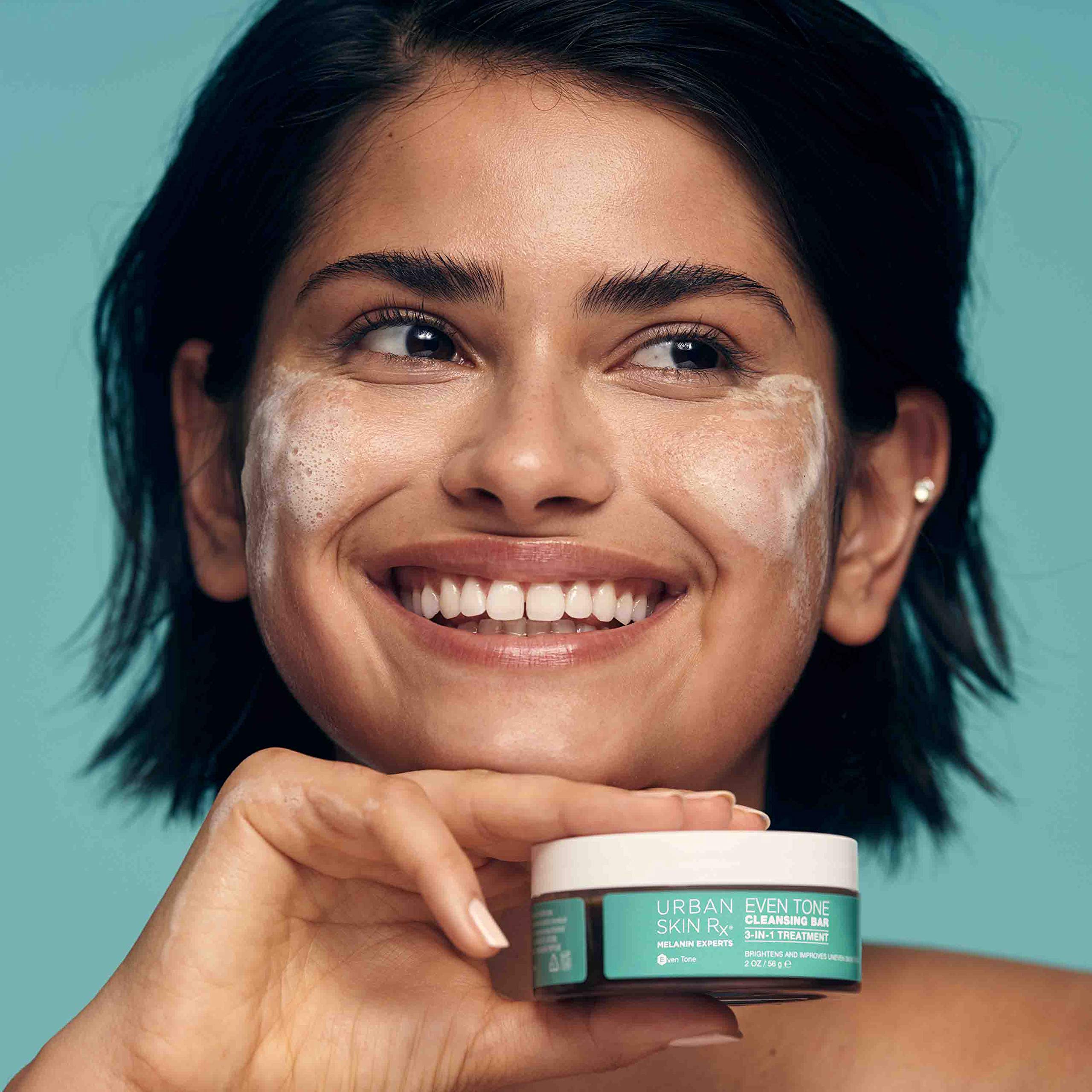 Urban Skin Rx Even Tone Bar in-use on the face during morning cleansing routine.