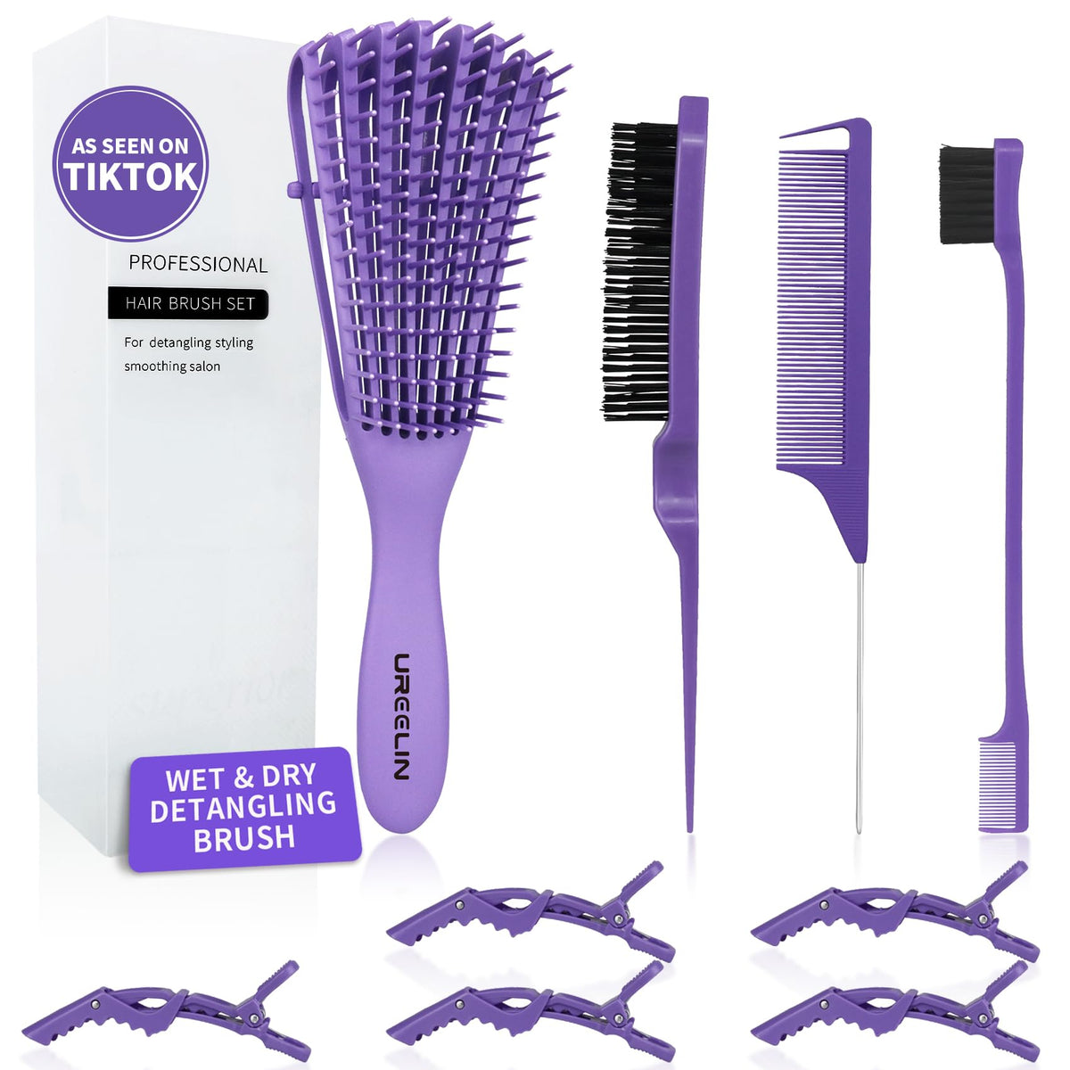 UREELIN 8-row detangling brush in purple for gentle detangling of thick curls.