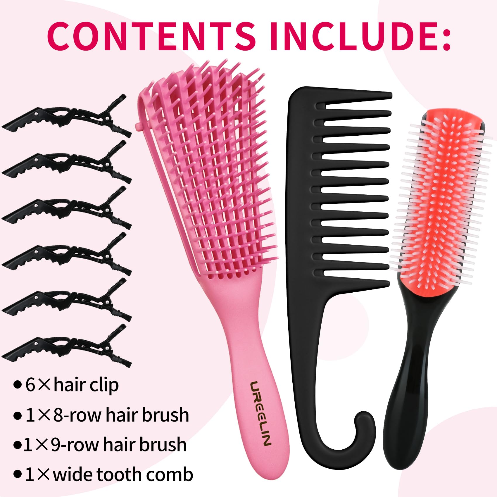 UREELIN 9-in-1 curl brush set ready for curly styling in pink.