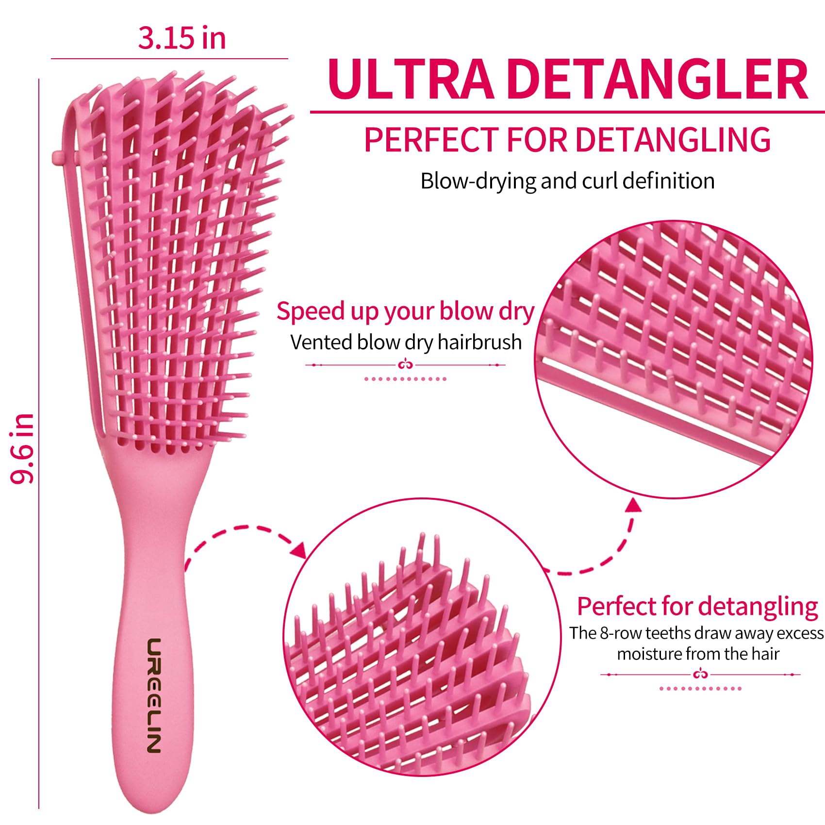 UREELIN detangler brush with adjustable holder eases customized detangling for thick curls.