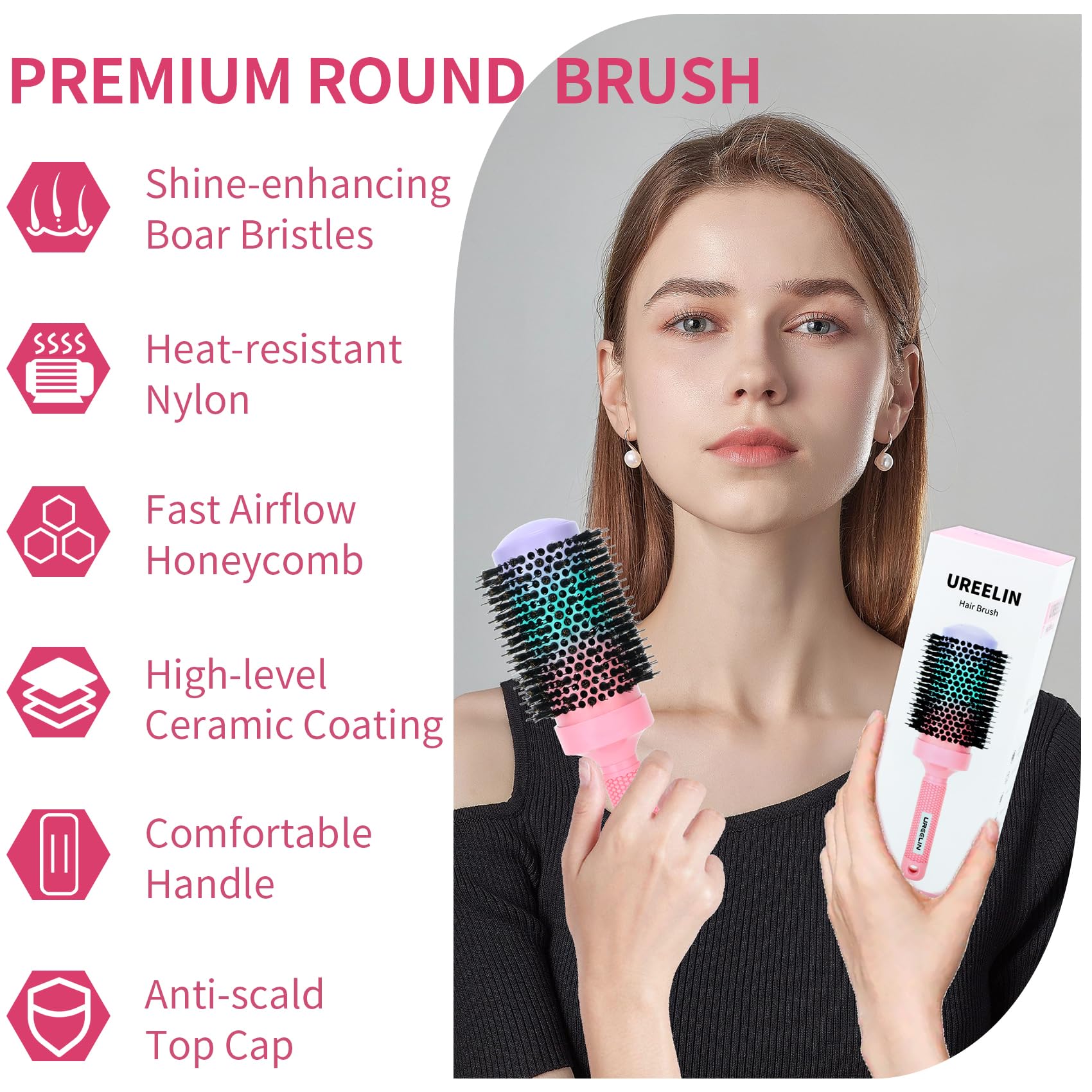 UREELIN round brush boar bristles closeup delivers shine and even oil distribution