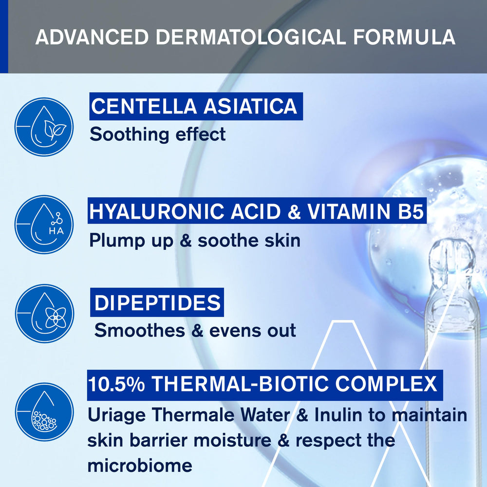 Uriage Cica-Daily serum on the face demonstrates gentle, quick-absorbing hydration for routine comfort.