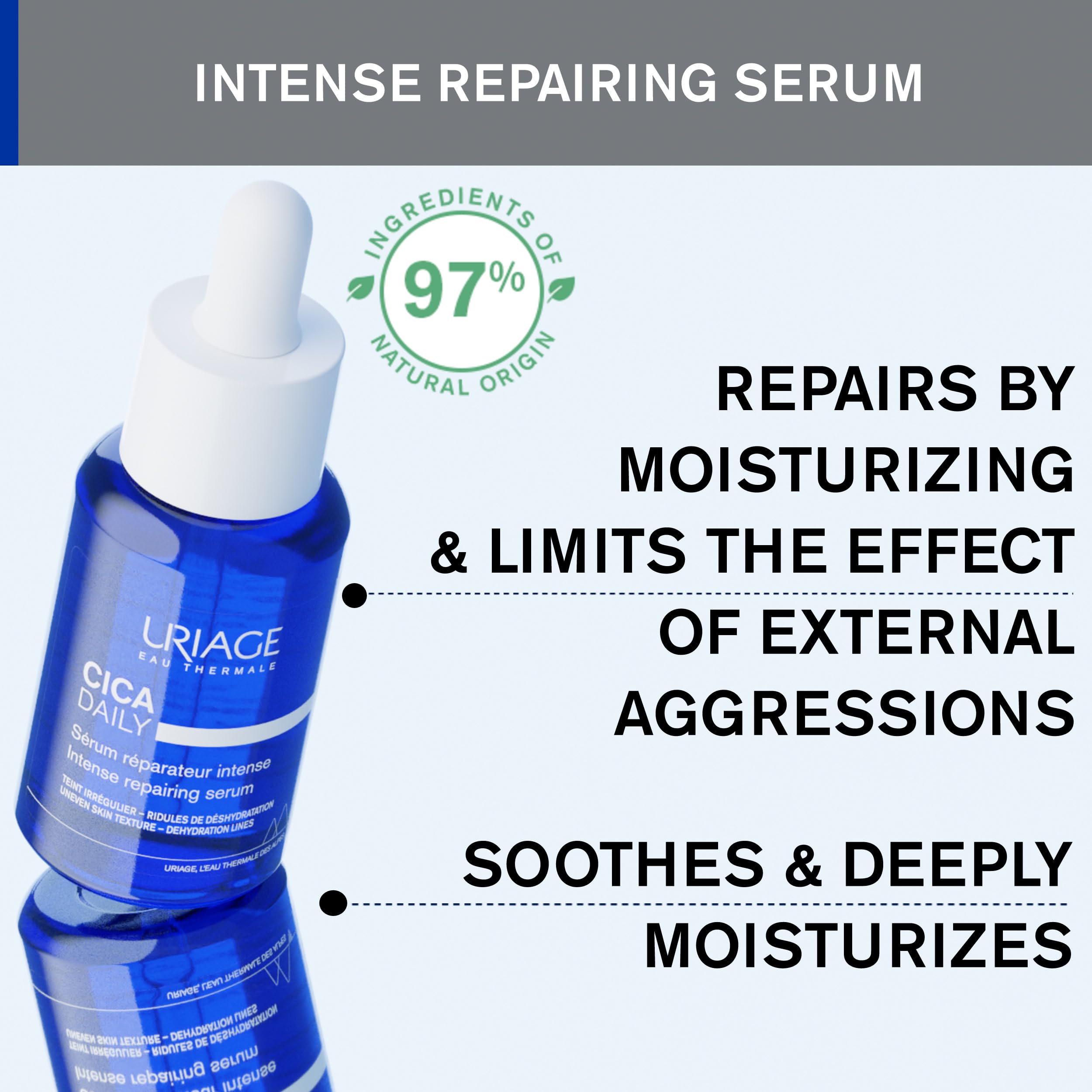 Uriage Cica-Daily serum texture closeup demonstrates light, non-sticky hydration for daily use.