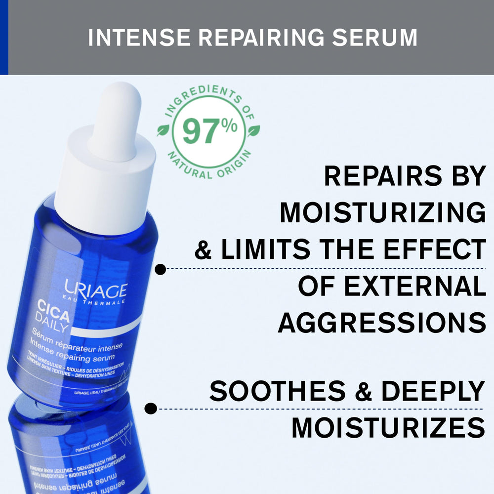 Uriage Cica-Daily serum texture closeup demonstrates light, non-sticky hydration for daily use.