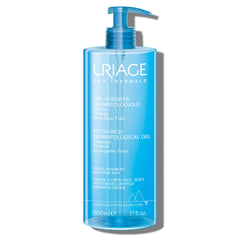 Uriage Extra-Rich Dermatological Gel bottle-pour demonstrates gentle cleansing for sensitive skin