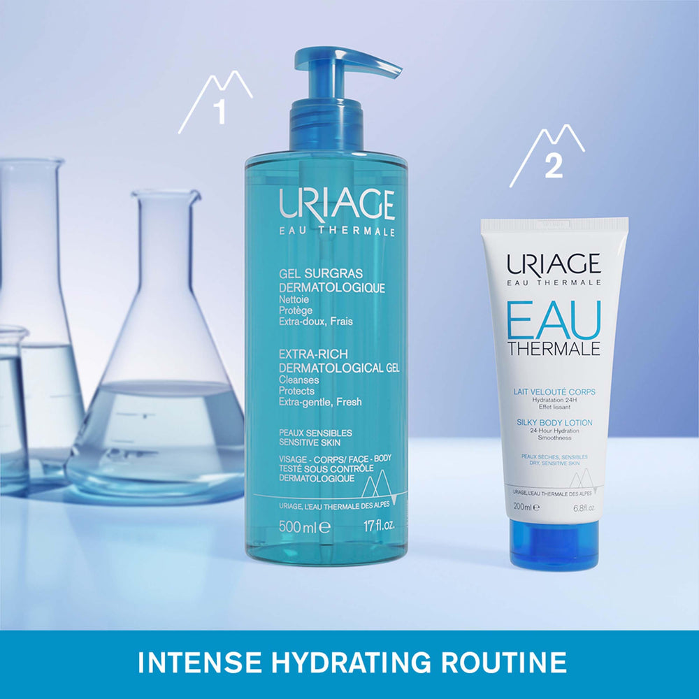 Uriage Extra-Rich Dermatological Gel family-use setting showing face and body care routine