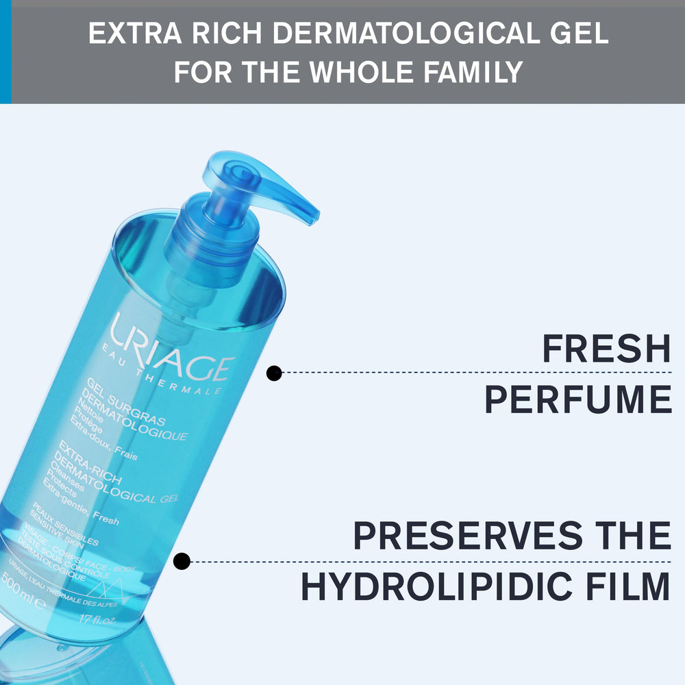 Uriage Extra-Rich Dermatological Gel texture-closeup shows creamy gel consistency for sensitive skin