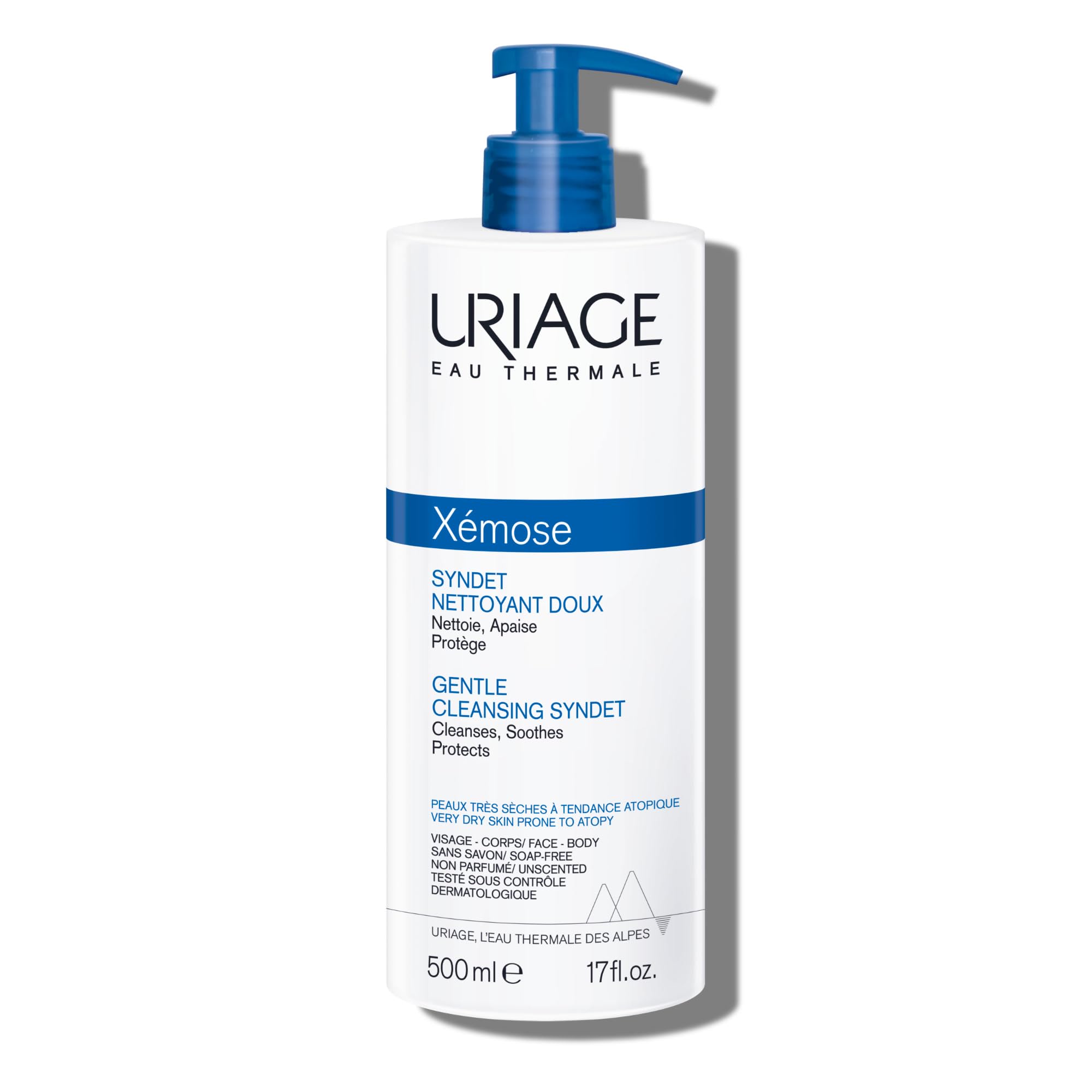 Uriage Gentle Cleansing Syndet bottle front shows fragrance-free formula for dry skin care.