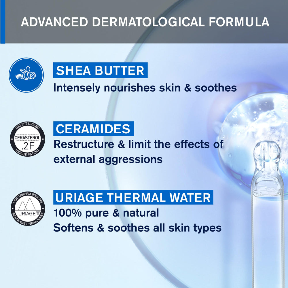 Uriage cleanser used in daily bathroom routine for safe dry-skin care.