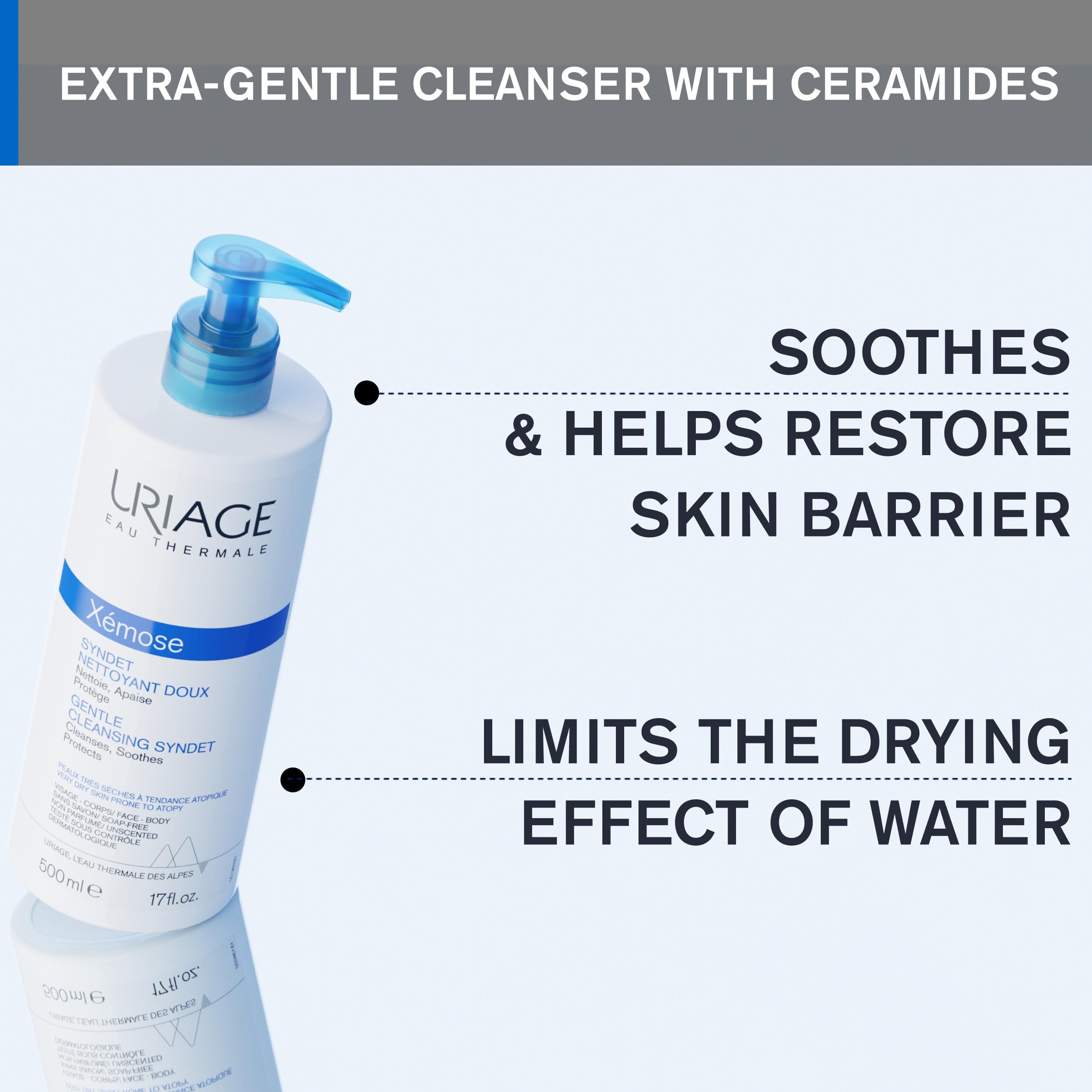 Uriage Gentle Cleansing Syndet label closeup highlights hydrating barrier-support ingredients.