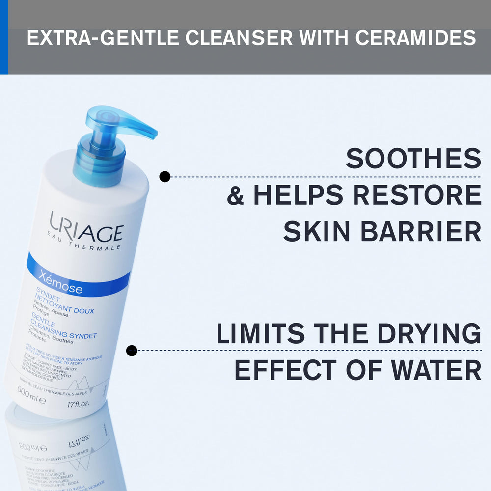 Uriage Gentle Cleansing Syndet label closeup highlights hydrating barrier-support ingredients.