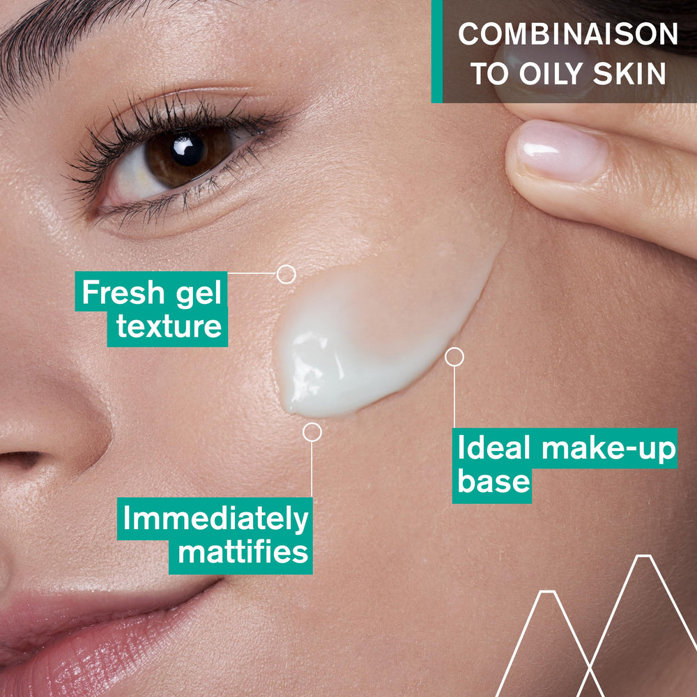 Uriage Hyseac matte-texture closeup highlighting pore-tightening effect and smooth skin