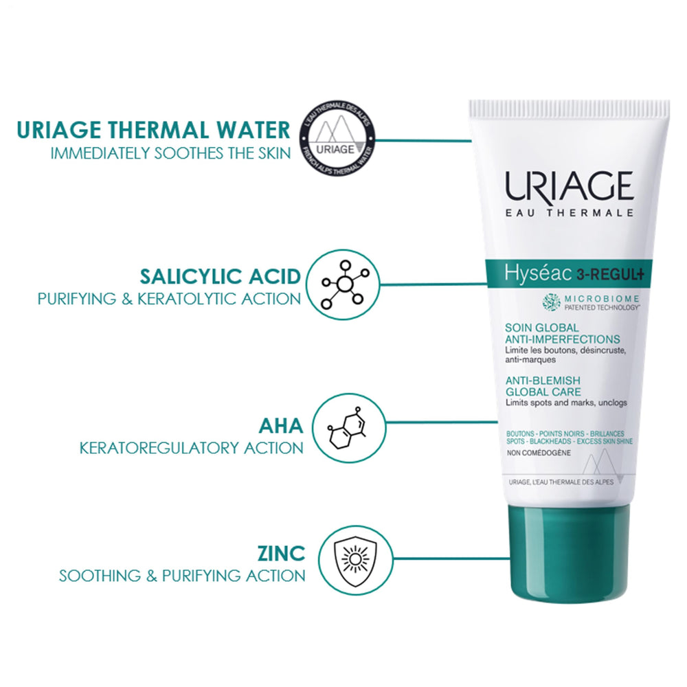 Uriage Hyseac 3-regul+ close-up matte finish demonstrates non-greasy look.