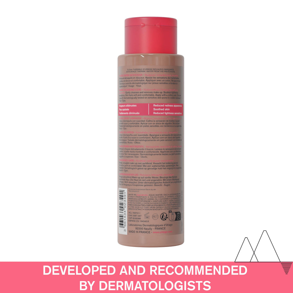Uriage Roseliane 250 ml bottle emphasizing dermatologist-approved cleansing for redness-prone skin.
