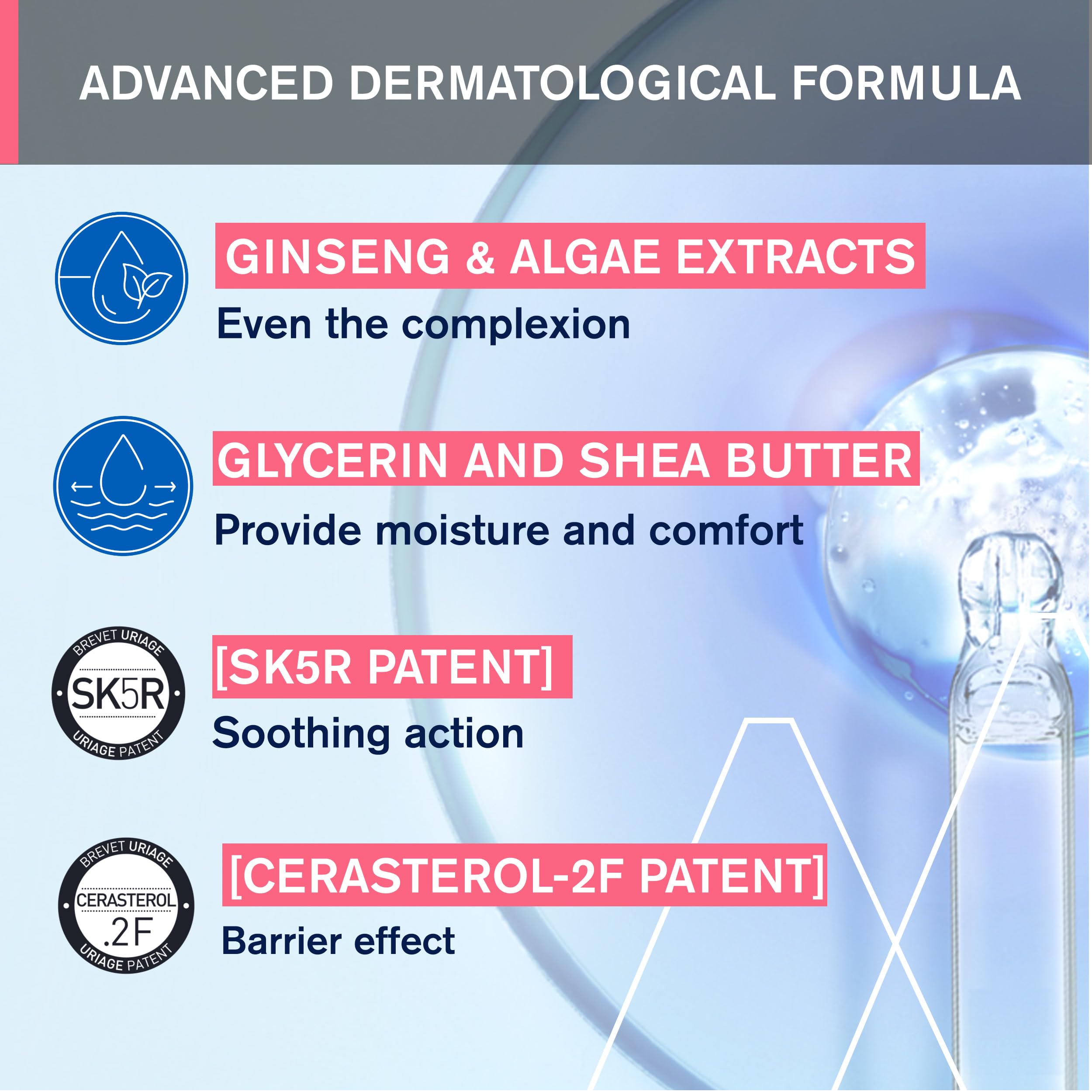 Uriage Roseliane cream bottle shown during gentle application scene.