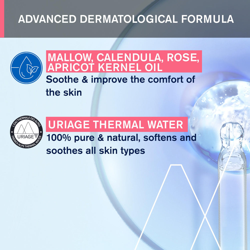 Uriage Roseliane makeup-removal scene demonstrating effective cleansing for makeup wearers.
