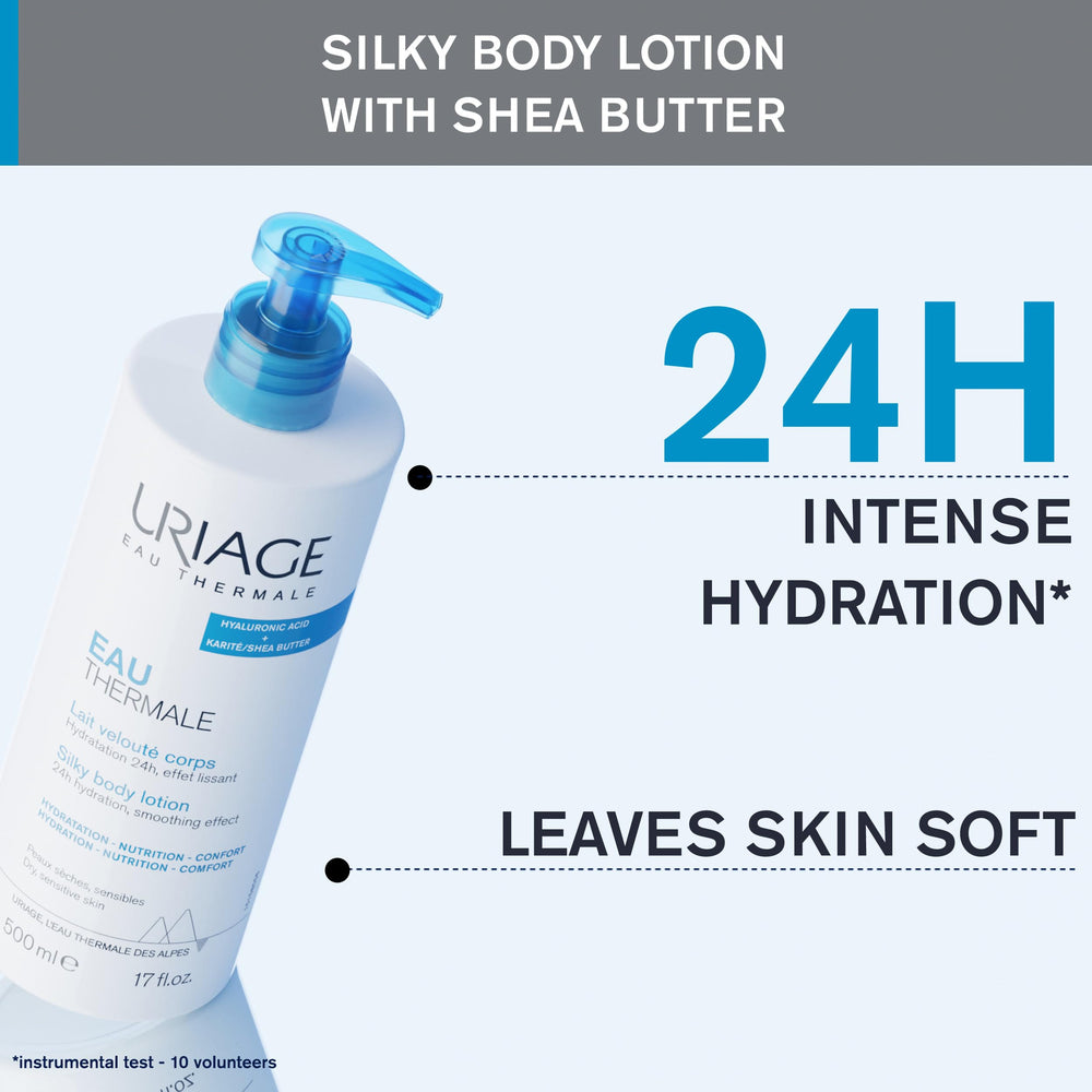 Applying Uriage Silky Body Lotion offers quick-absorbing hydration during daily routine.