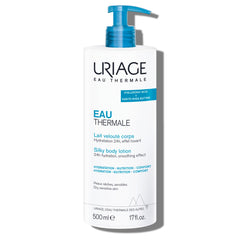 Uriage Silky Body Lotion bottle highlights long-lasting hydration for the skin.