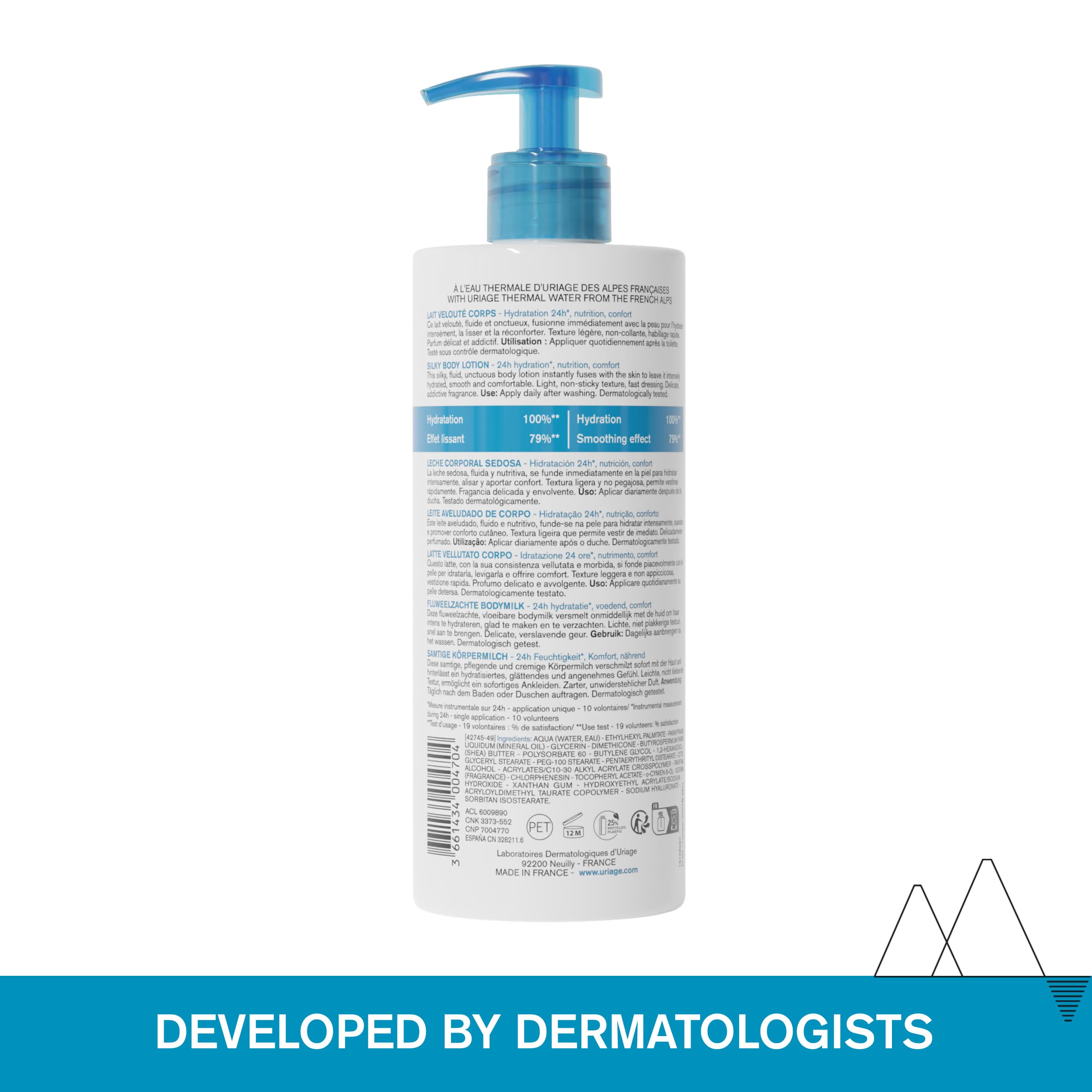 Close-up of Uriage Silky Body Lotion texture shows silky glide for smooth skin.