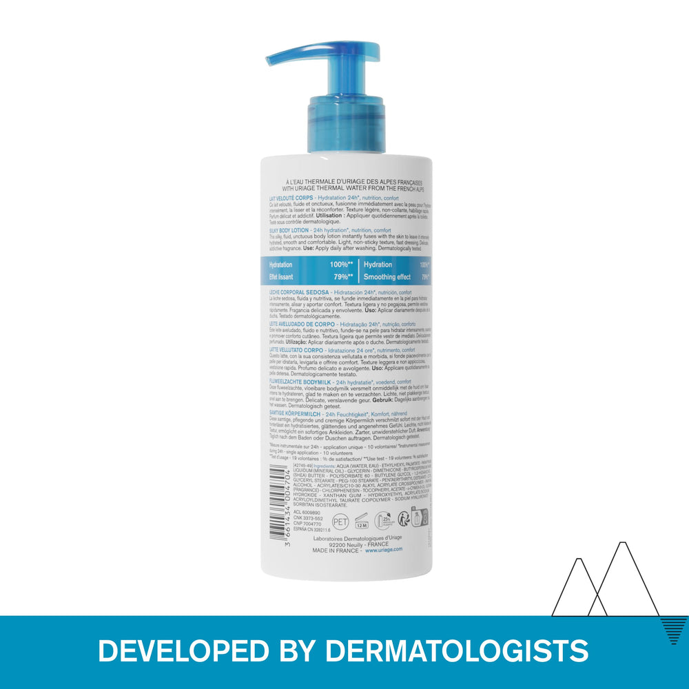 Close-up of Uriage Silky Body Lotion texture shows silky glide for smooth skin.