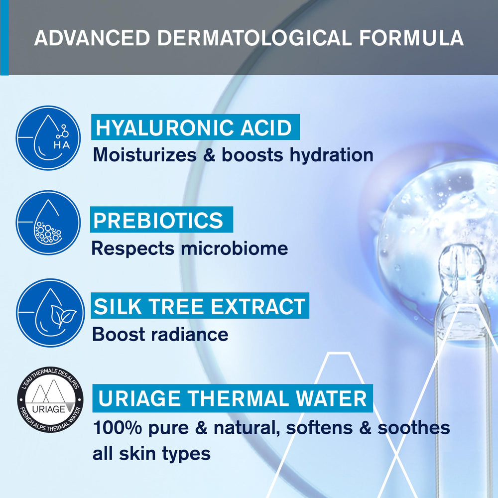Applying Uriage Essence to face during a skincare routine