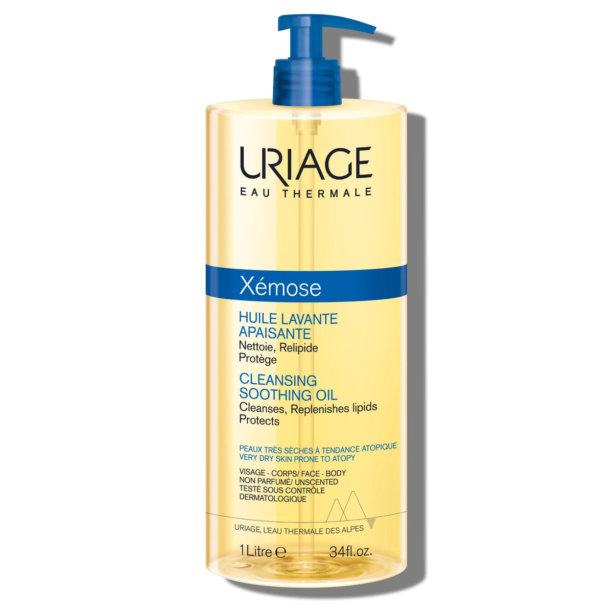Uriage Xémose cleansing oil 1L bottle on shelf for gentle daily cleansing.