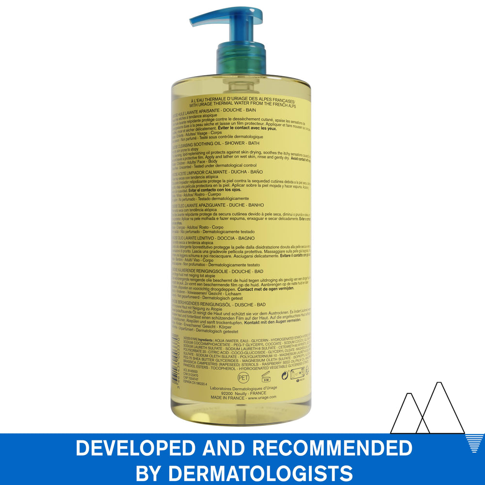 Uriage Xémose 1L front label shows cleansing oil benefits.