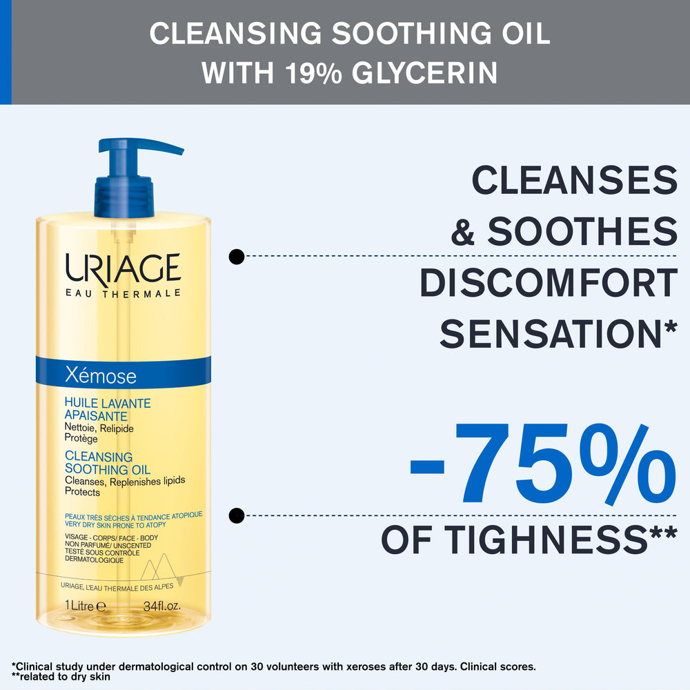 Uriage Xémose cleansing oil gel-in-oil texture close-up showcases mild nourishing cleanse.