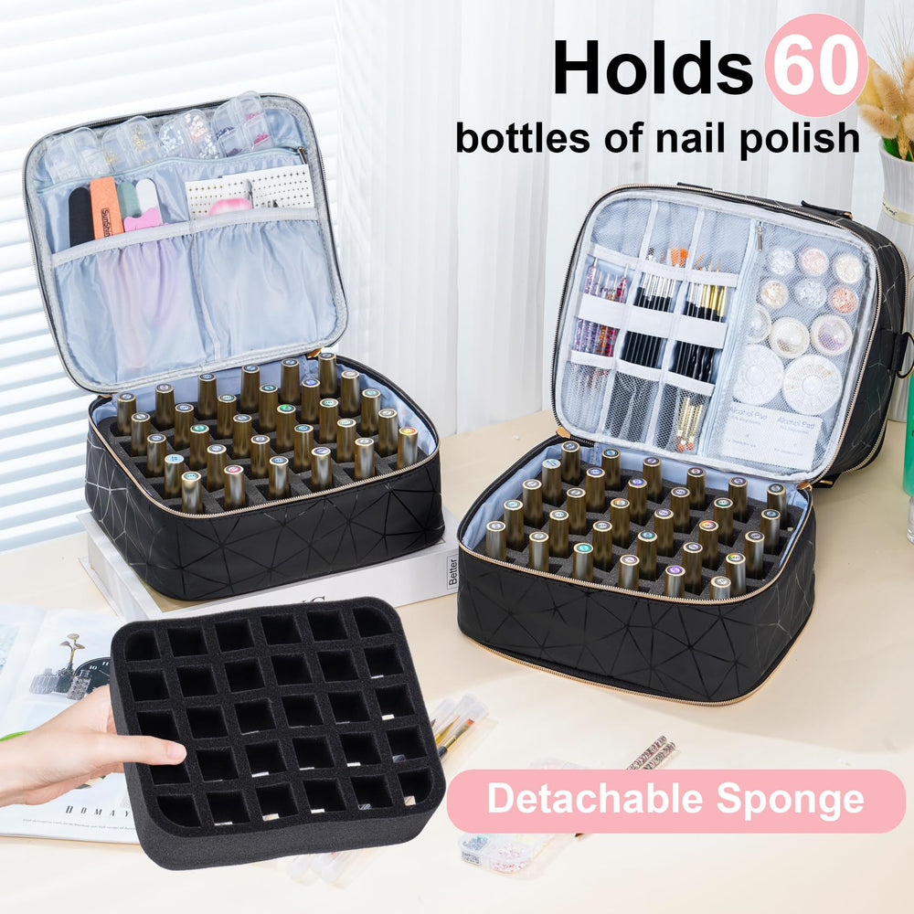 Uross Nail Polish Organizer Bag demonstrates 60-bottle capacity for extensive polishes.