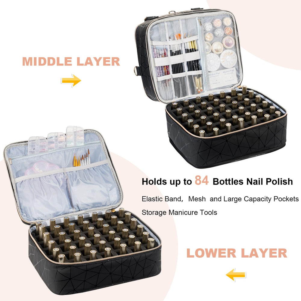 Uross nail polish organizer bag 84-bottle grid keeps bottles upright and secure.