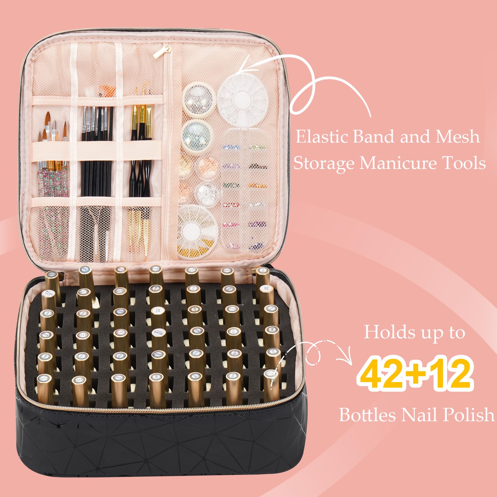 Uross Nail Polish Organizer Bag lower-grid section with 54-bottle capacity for organized storage