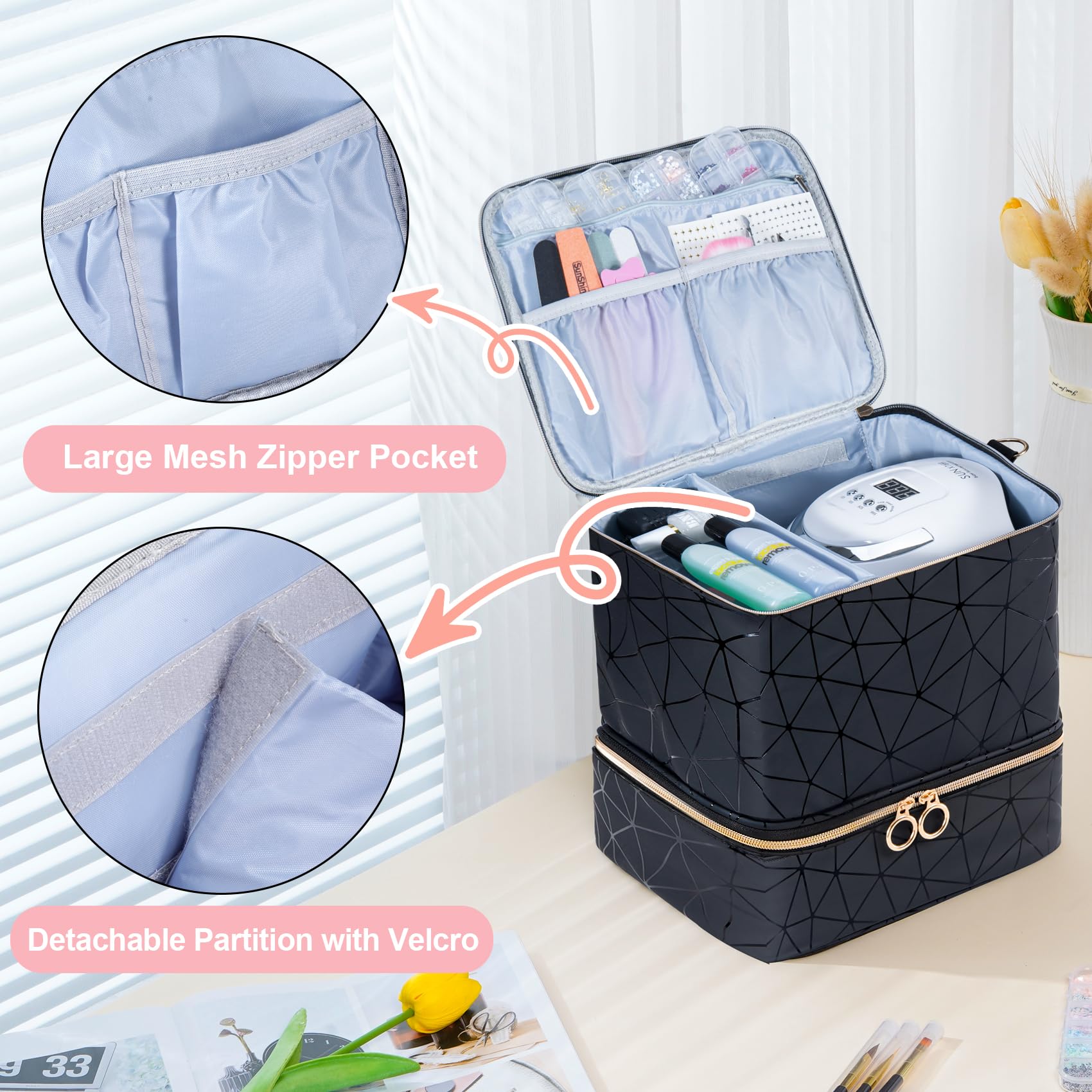 Uross nail polish organizer bag PU material highlights waterproof, scratch resistant finish