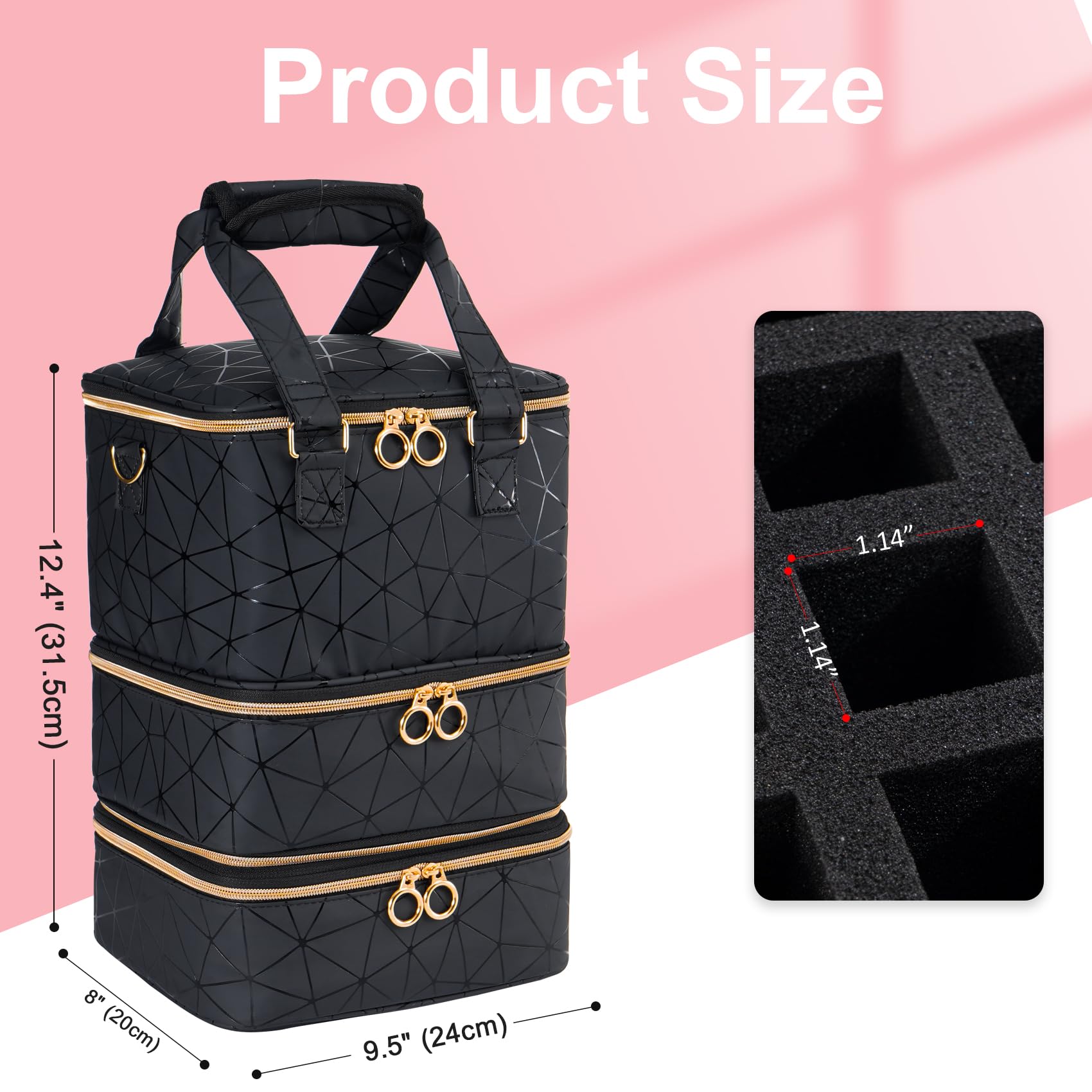 Uross Nail Polish Organizer Bag shows removable lower compartment for versatile cosmetic and kit use.