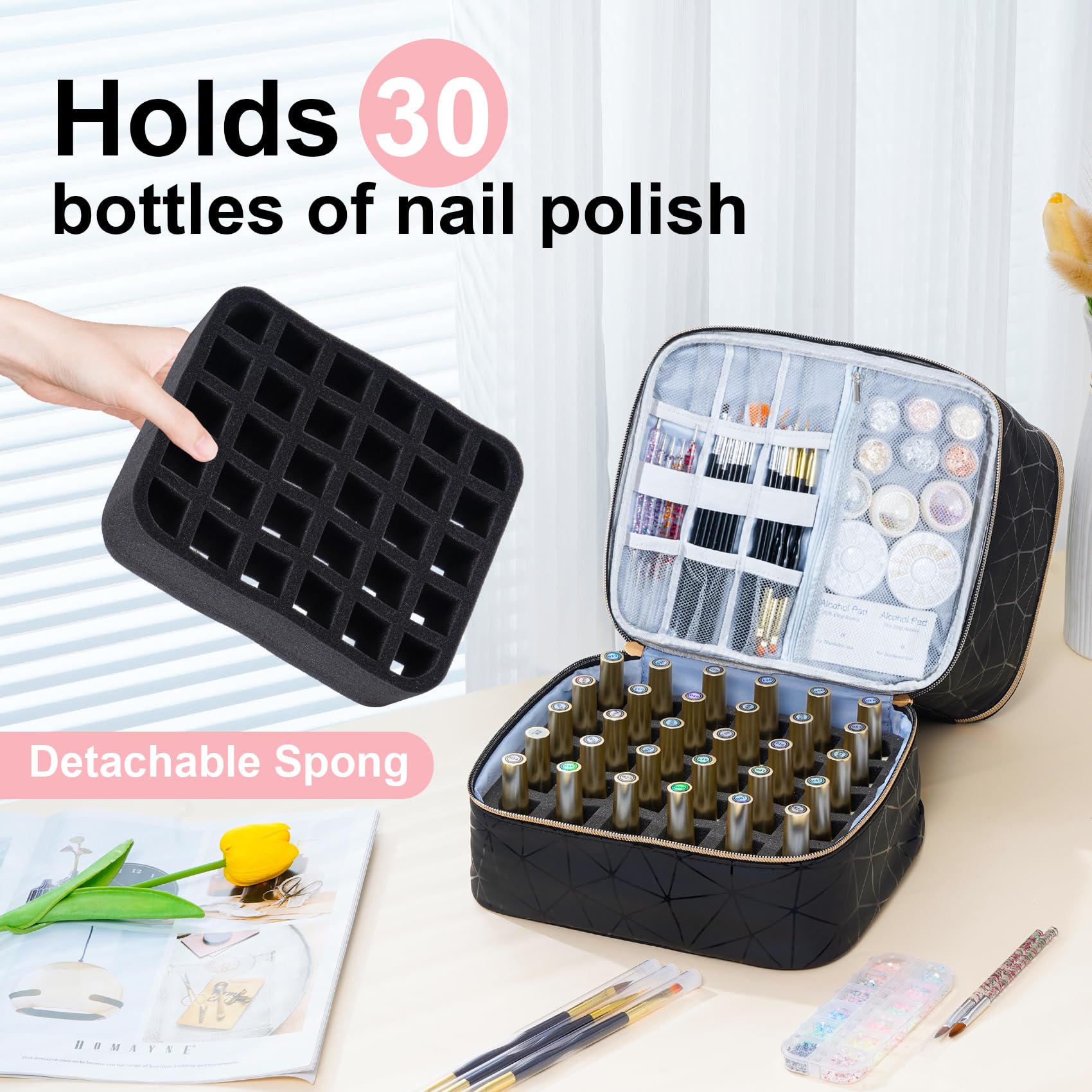Uross nail polish organizer bag top layer interior shows space for lamp and tools
