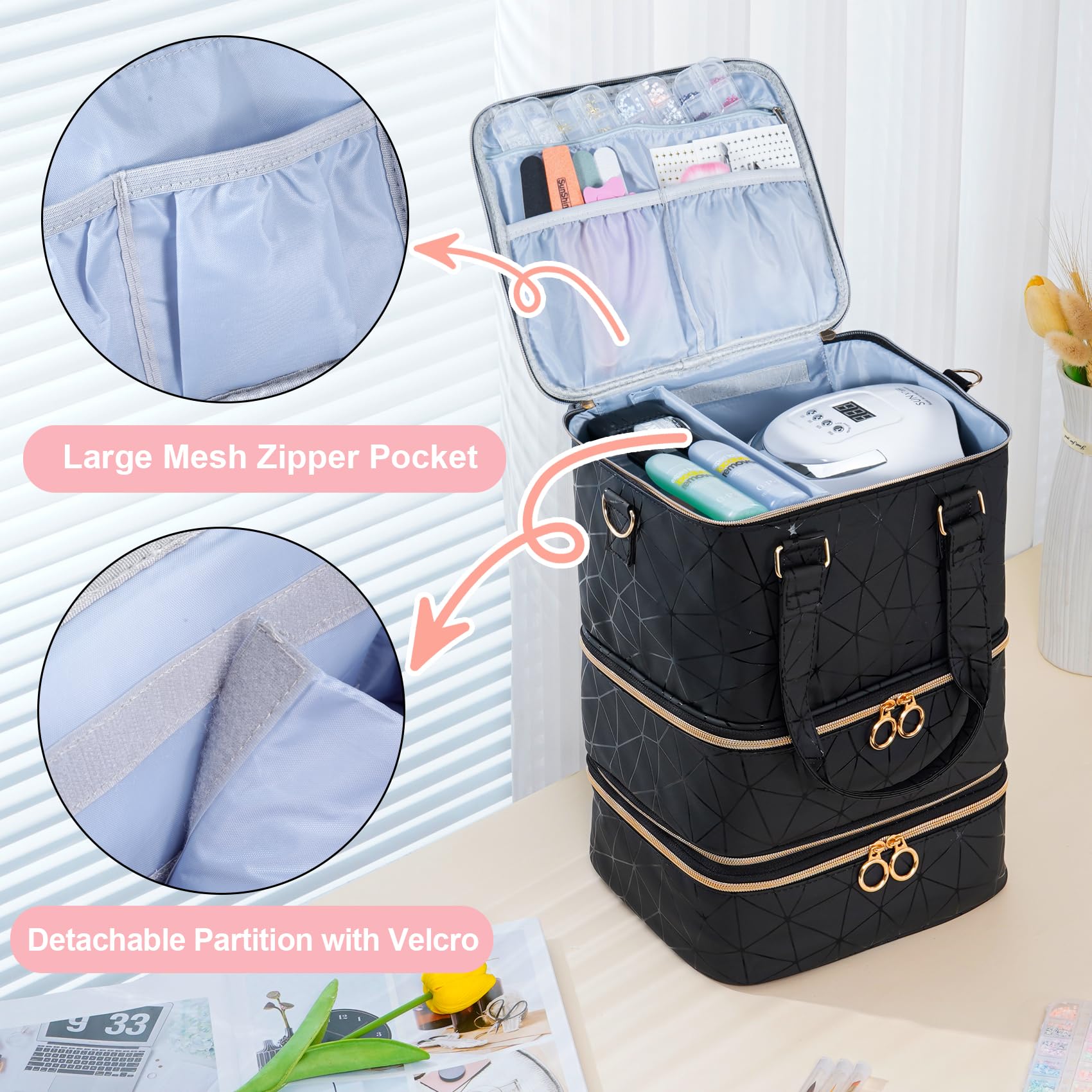 Uross Nail Polish Organizer Bag features waterproof PU material protecting contents.