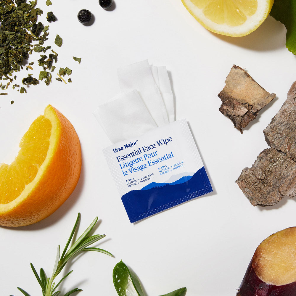 Ursa Major Essential Face Wipes biodegradable bamboo for eco-friendly disposal.