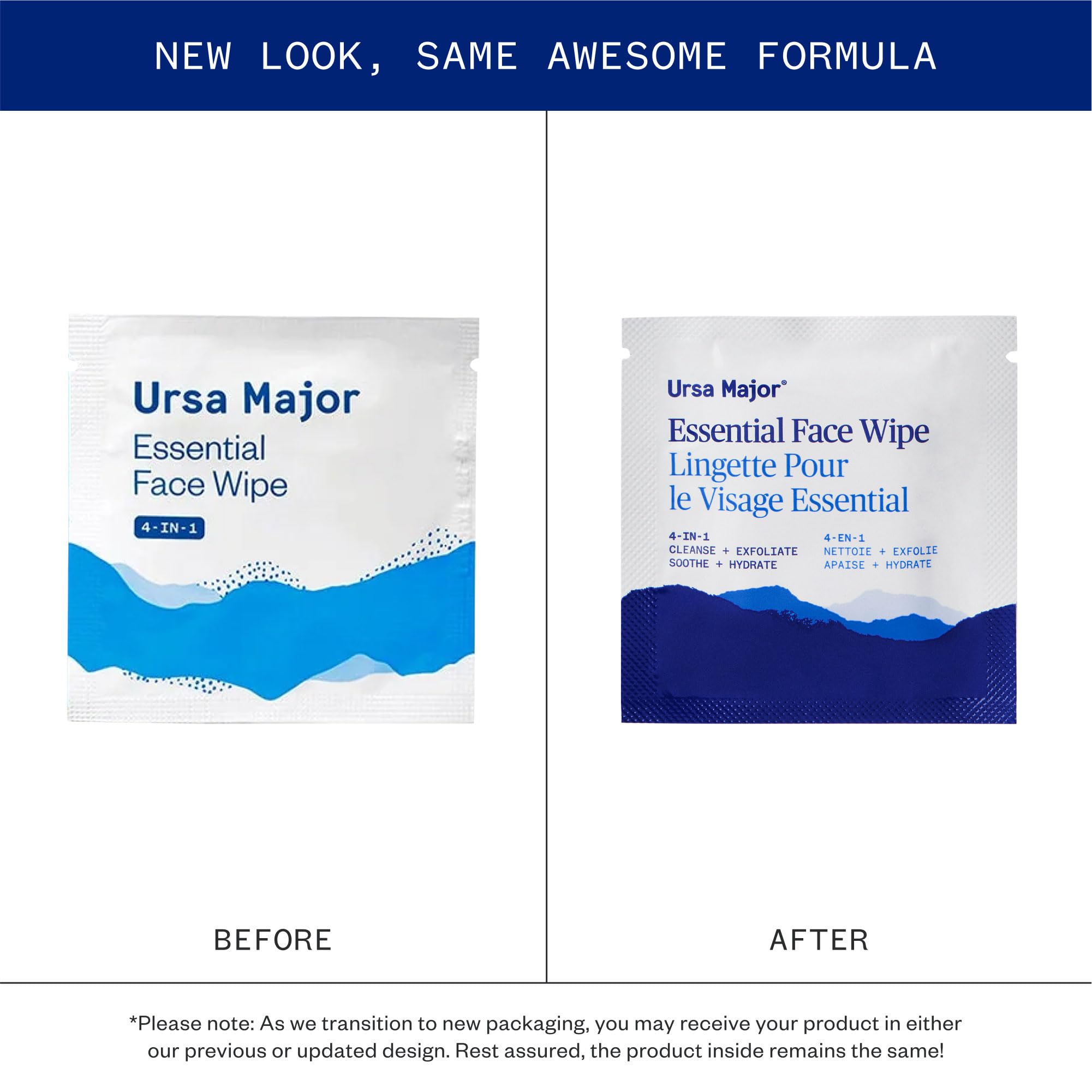 Ursa Major Essential Face Wipes, individually wrapped, offer on-the-go cleansing convenience.