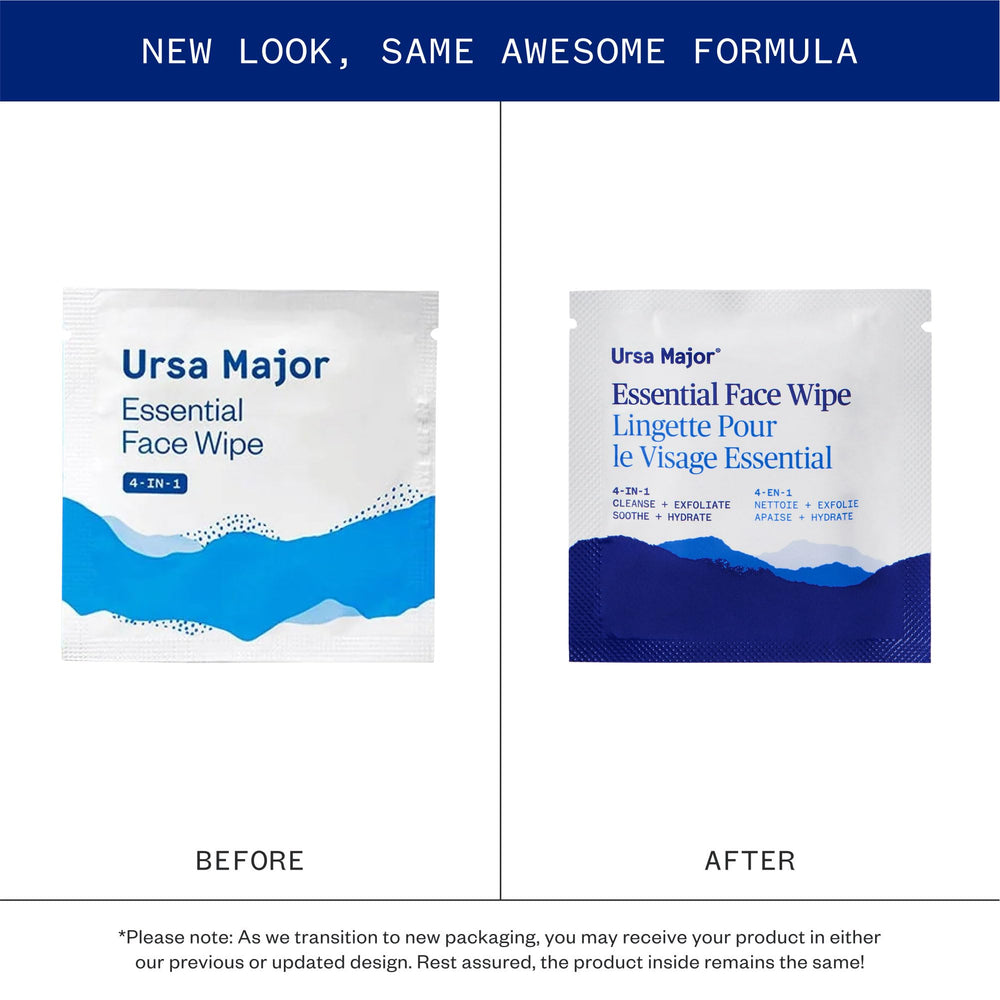 Ursa Major Essential Face Wipes, individually wrapped, offer on-the-go cleansing convenience.