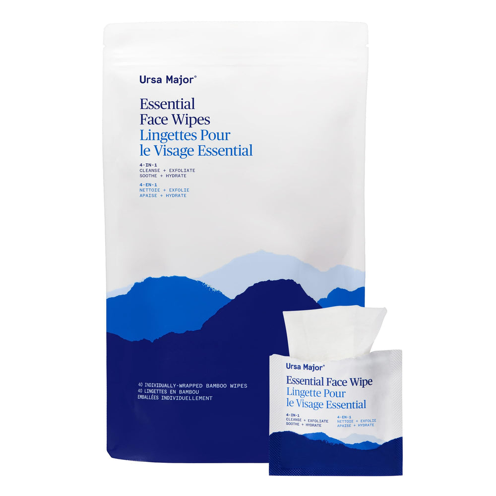 Ursa Major Essential Face Wipes packaging highlights a travel-friendly skincare option.