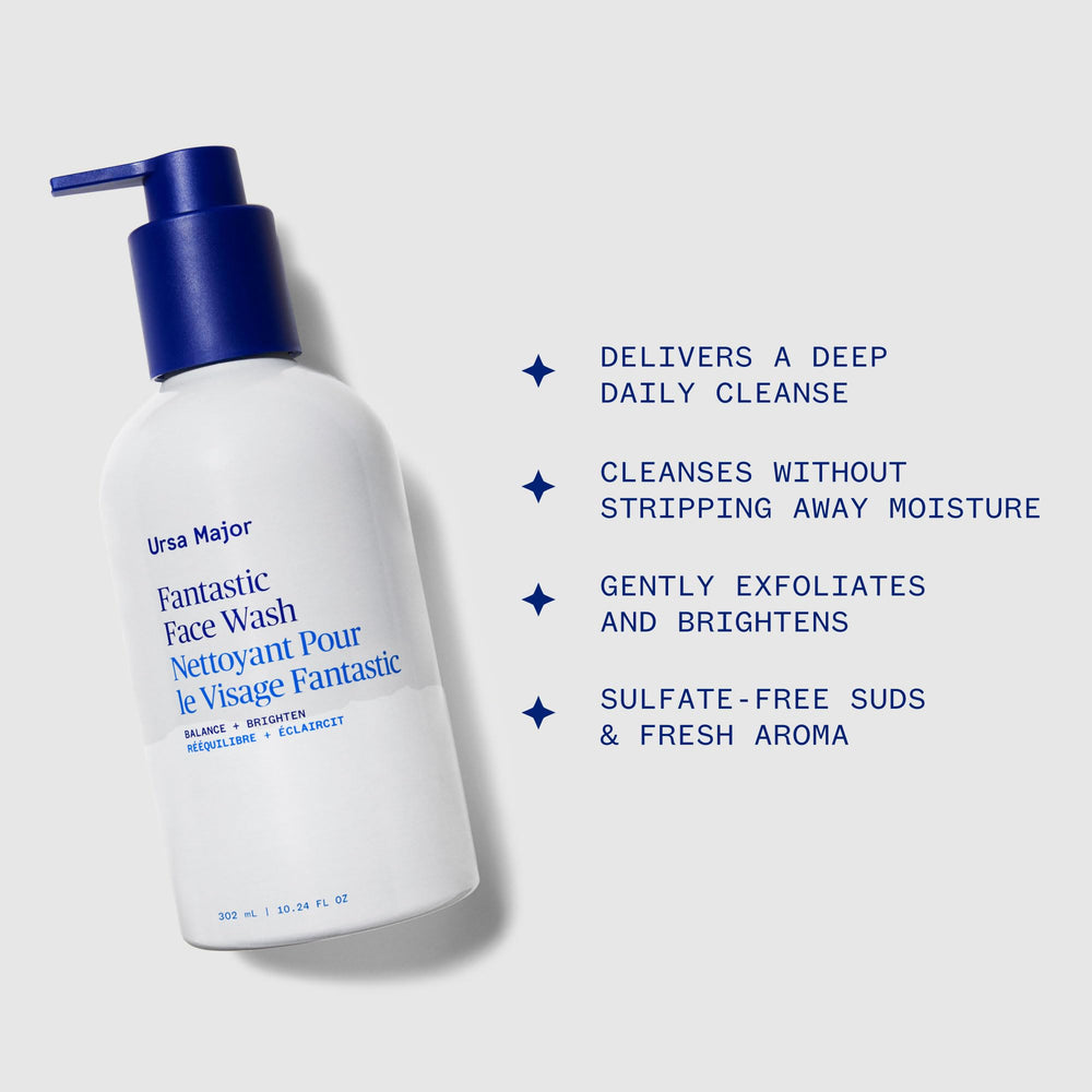 Ursa Major Fantastic Face Wash label closeup showing natural ingredients and cruelty-free branding