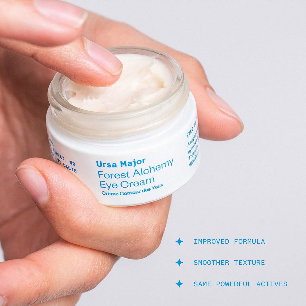 Ursa Major Forest Alchemy Eye Cream jar close-up emphasizes rich hydration for eye area
