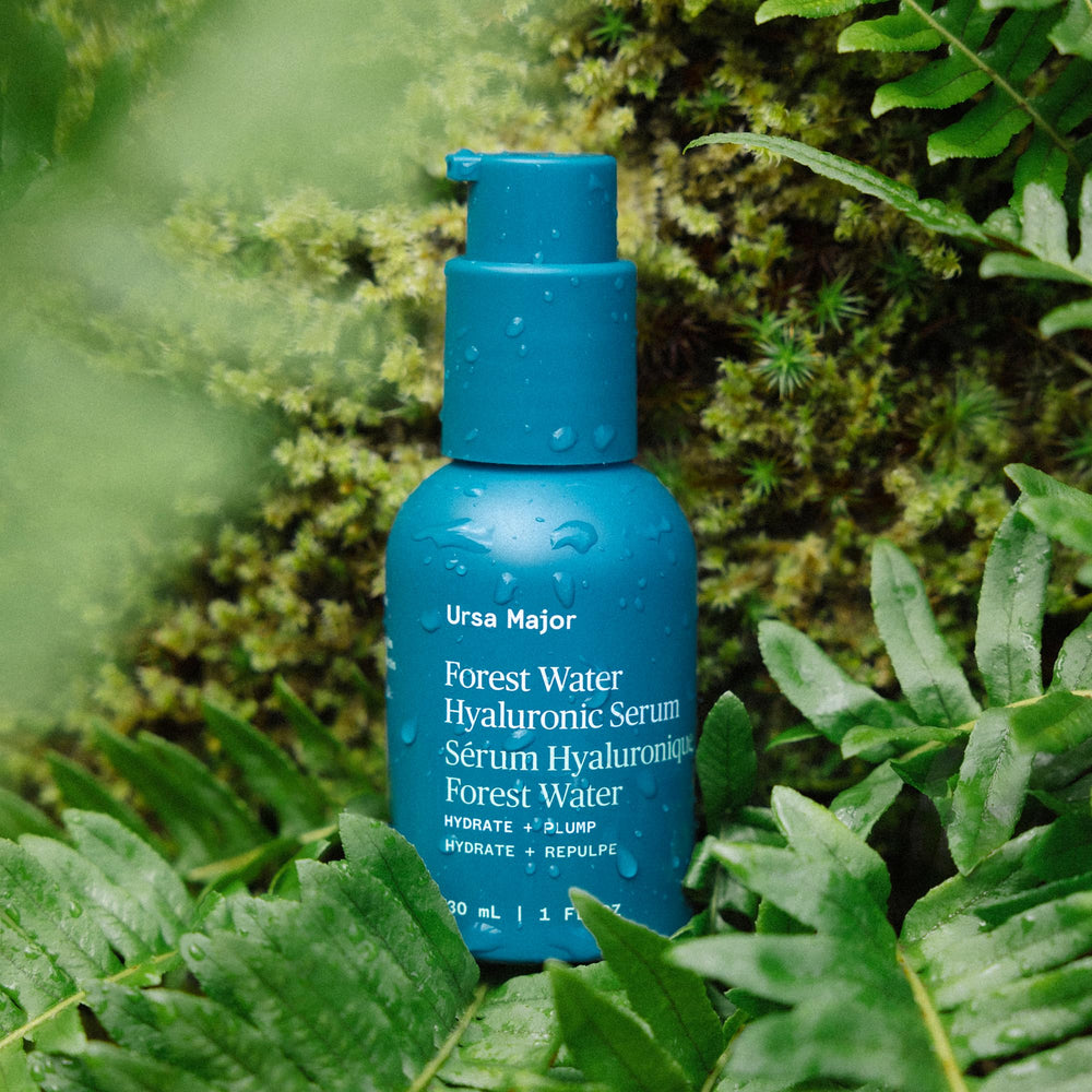 Ursa Major cruelty-free vegan badge with Forest Water Hyaluronic Serum.
