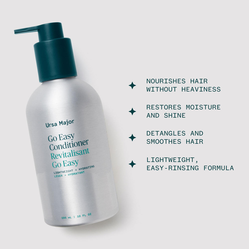 Ursa Major Go Easy conditioner pump highlighting easy rinse and detangling.