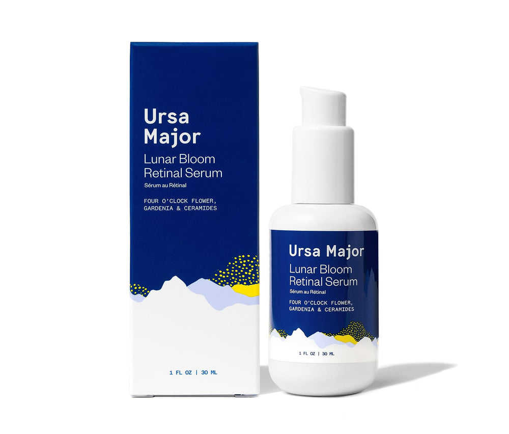 Ursa Major Lunar Bloom Serum bottle, unscented vegan skincare for all skin types, may smooth texture.
