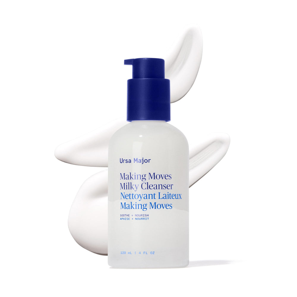 Ursa Major Making Moves Milky Cleanser bottle offers weightless hydration on dry skin.