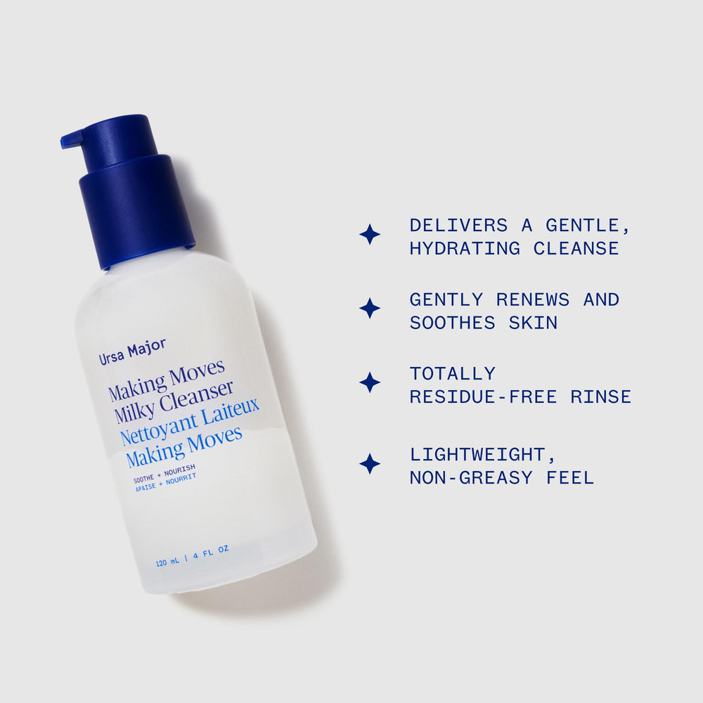 Ursa Major Milky Cleanser glass bottle emphasizes recyclable packaging.