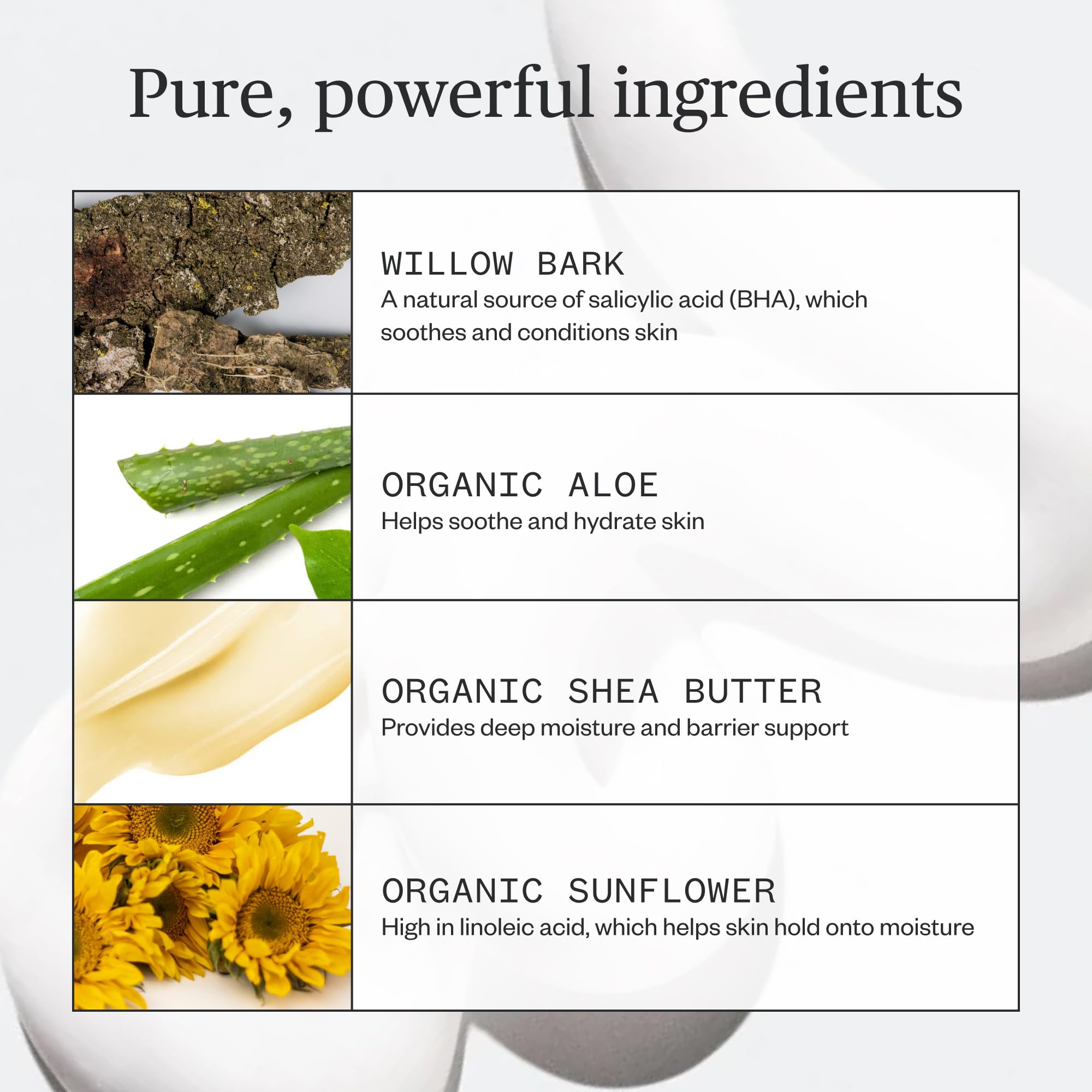 Ursa Major shave cream ingredients closeup featuring shea aloe willow birch sap.